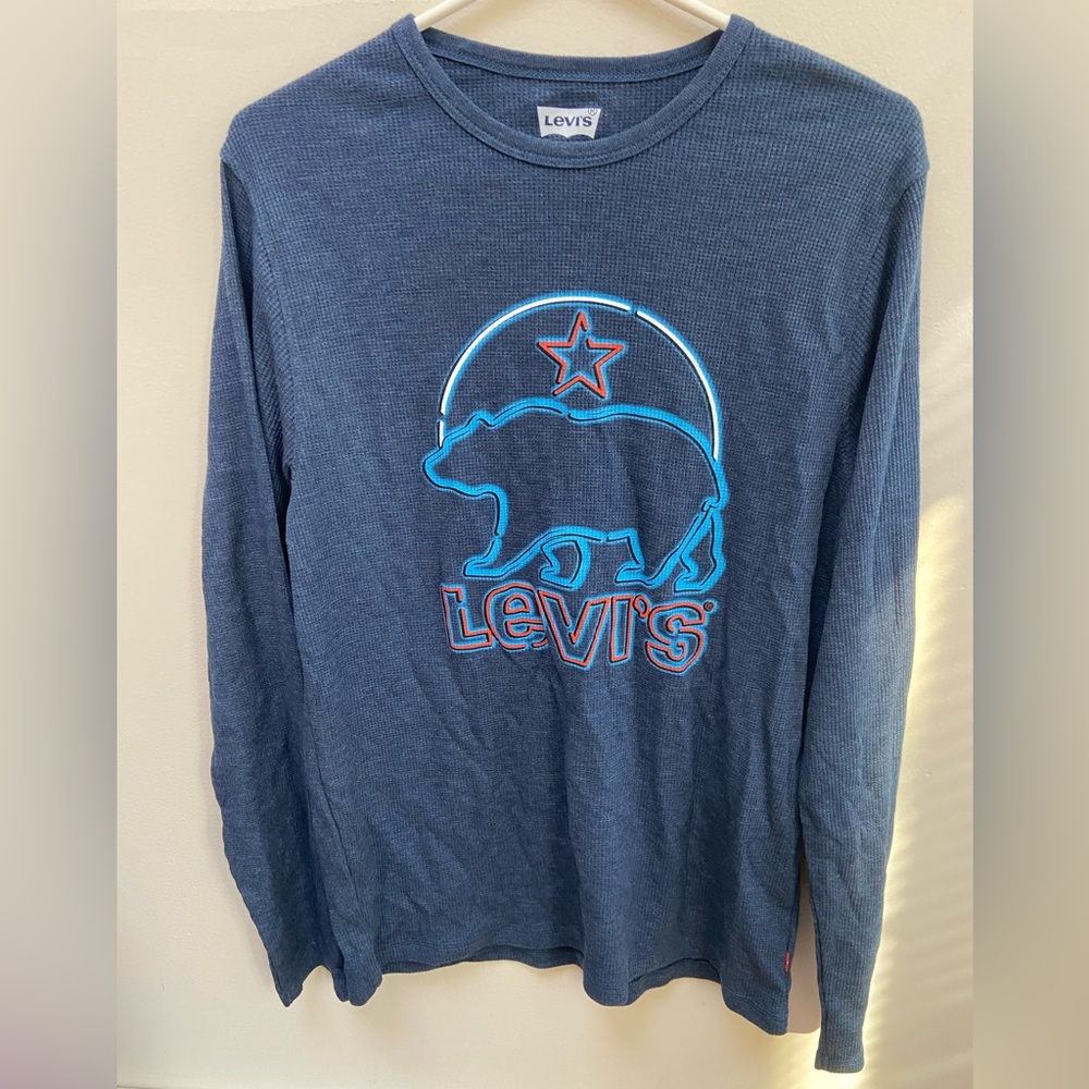 Levi's Men's Long Sleeve Bear Logo Blue Thermal Long Sleeve Shirt Sz Medium